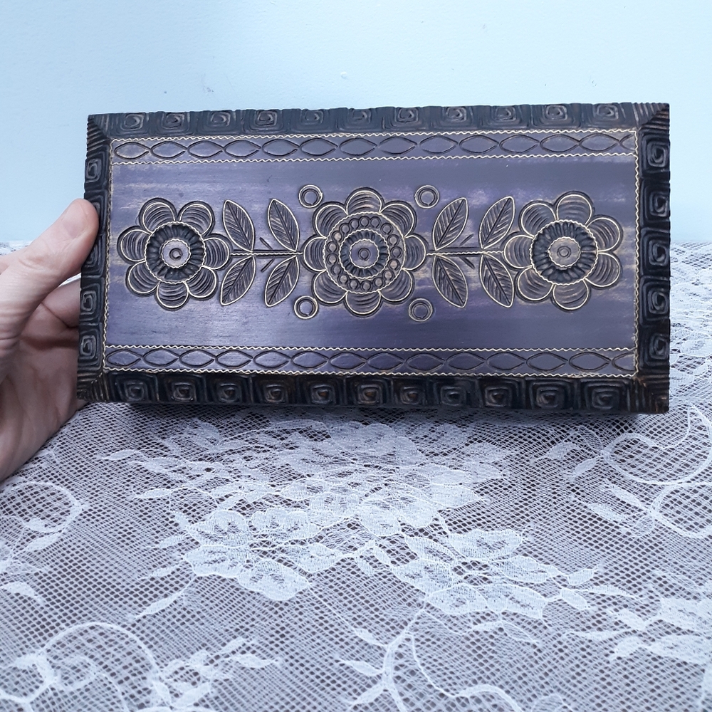 Purple Carved Polish Wooden Jewelry Flowers Floral Black Rectangle Trinket Hinge - Picture 2 of 11